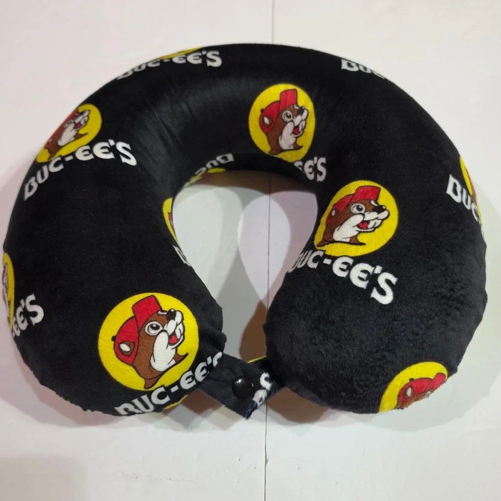 Buc-ee's Beaver Logo Travel Neck Pillow Black Plush Snap Closure Texas Souvenir